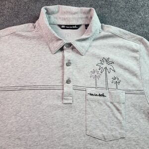 TravisMathew Mens Large Grey Palm Tree Pocket Golf Polo Shirt Short Sleeve